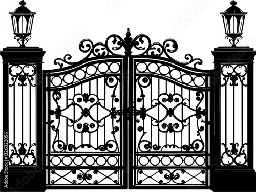 SVG vector features wrought iron gates and gate pillar combinations. Elegant Wrought Iron Gate with Decorative Lanterns on Pillars