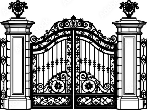 SVG vector features wrought iron gates and gate pillar combinations. Ornate Decorative Gates with Elegant Finials and Detailed Design