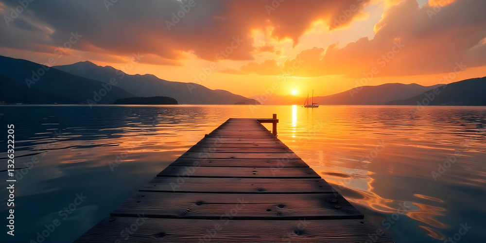 Obraz premium A wooden dock over a lake during sunset