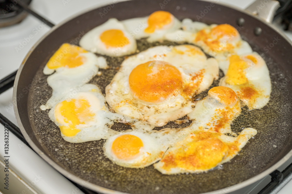 Chicken egg and 9 quail eggs in frying pan. Chicken egg and 9 quail eggs in frying pan.