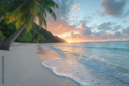 Sunrise illuminates a serene tropical beach with gentle waves and lush greenery in the background