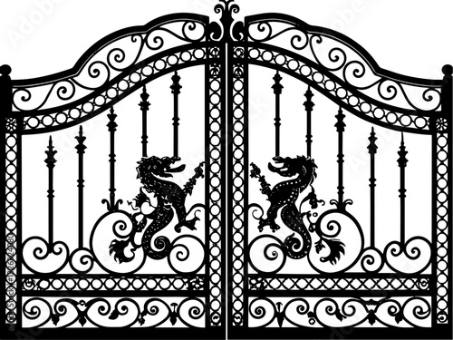 SVG vector features wrought iron gates and gate pillar combinations. Ornate Black Iron Gate with Dragon Motifs and Intricate Design