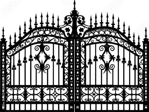 SVG vector features wrought iron gates and gate pillar combinations. Ornate Iron Gate Design with Decorative Elements and Spires