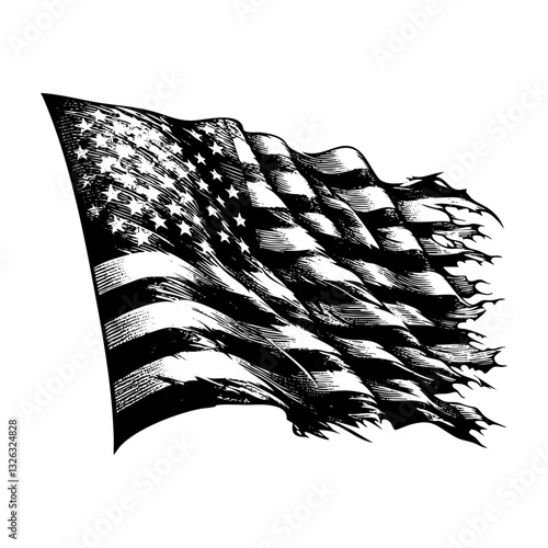 Ripped America flag waving engraving sketch engraving black and white outline. Scratch board imitation.  illustrated in vintage line art style on a white background.
