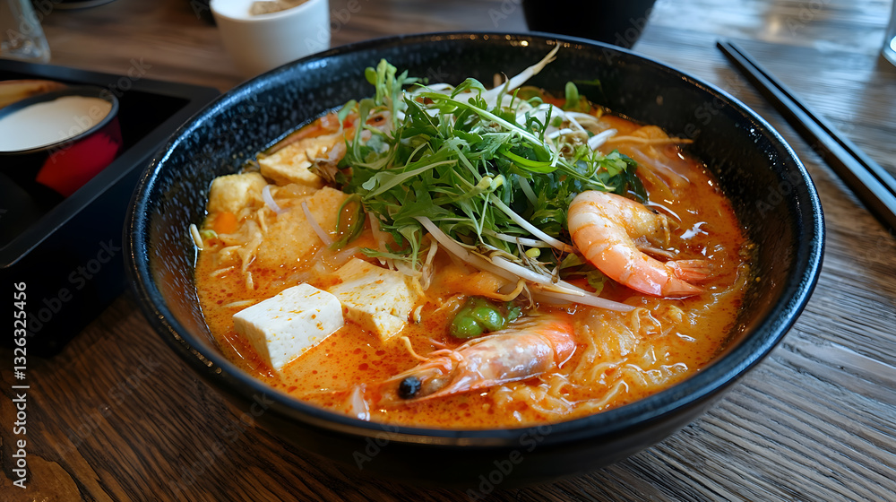 Spicy Laksa Noodle Soup with Shrimp and Tofu - Delicious Asian Cuisine Spicy Laksa Noodle Soup with Shrimp and Tofu - Delicious Asian Cuisine