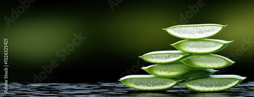 Fresh aloe vera slices stacked elegantly on a dark reflective surface in a calming and serene atmosphere