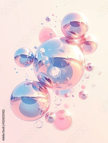 A collection of iridescent spheres float against a light background