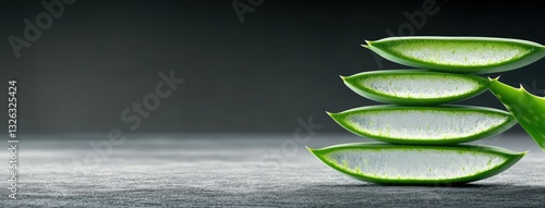 A stack of freshly harvested aloe vera leaves rests elegantly on a dark surface, showcasing the beautiful translucent gel inside each leaf
