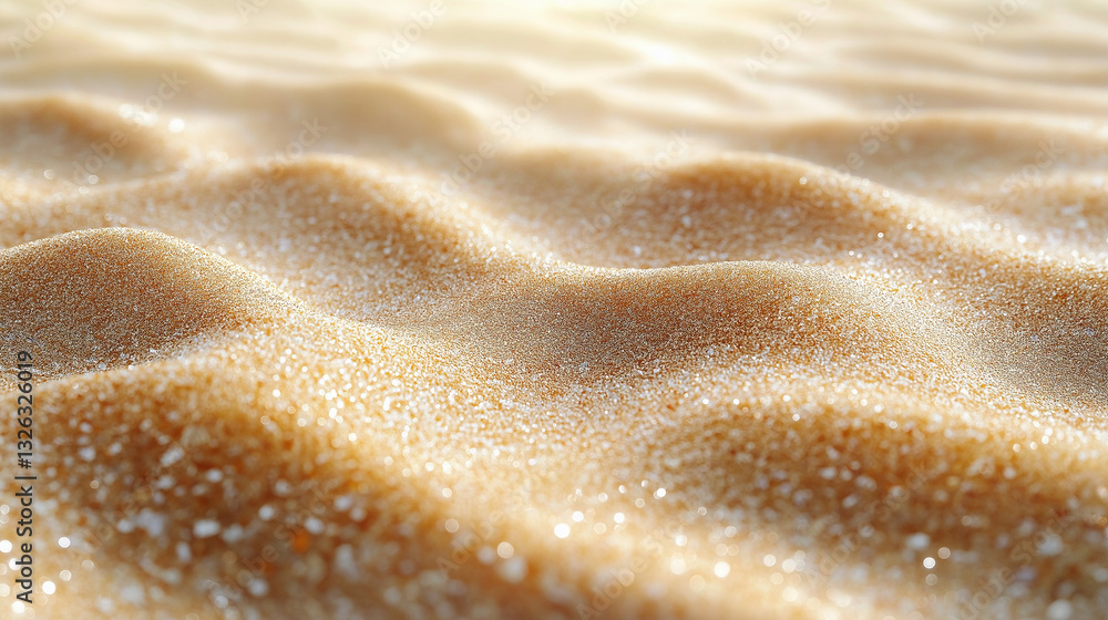 Soft beige sand stretches across the beach, gently shaped by wind and waves. Sunlight dances on the surface, enhancing the tranquil coastal environment, inviting relaxation Soft beige sand stretches across the beach, gently shaped by wind and waves. Sunlight dances on the surface, enhancing the tranquil coastal environment, inviting relaxation