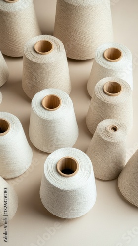 Various spools of neutral-colored thread arranged on a light background showcasing their textures and shapes in a minimalist setting