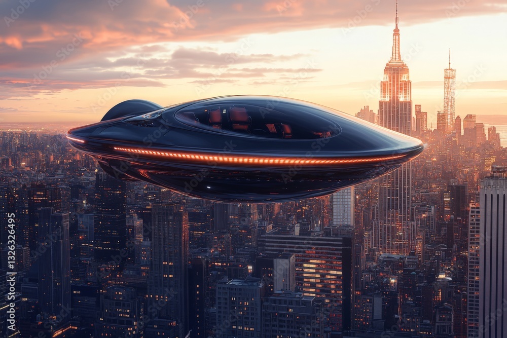 Futuristic spacecraft hovering above New York City skyline during sunset with iconic skyscrapers illuminated Futuristic spacecraft hovering above New York City skyline during sunset with iconic skyscrapers illuminated