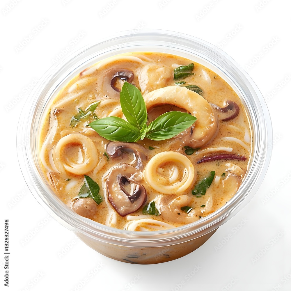 Creamy seafood noodle soup with fresh basil and mushrooms in a clear container, ready to eat Creamy seafood noodle soup with fresh basil and mushrooms in a clear container, ready to eat