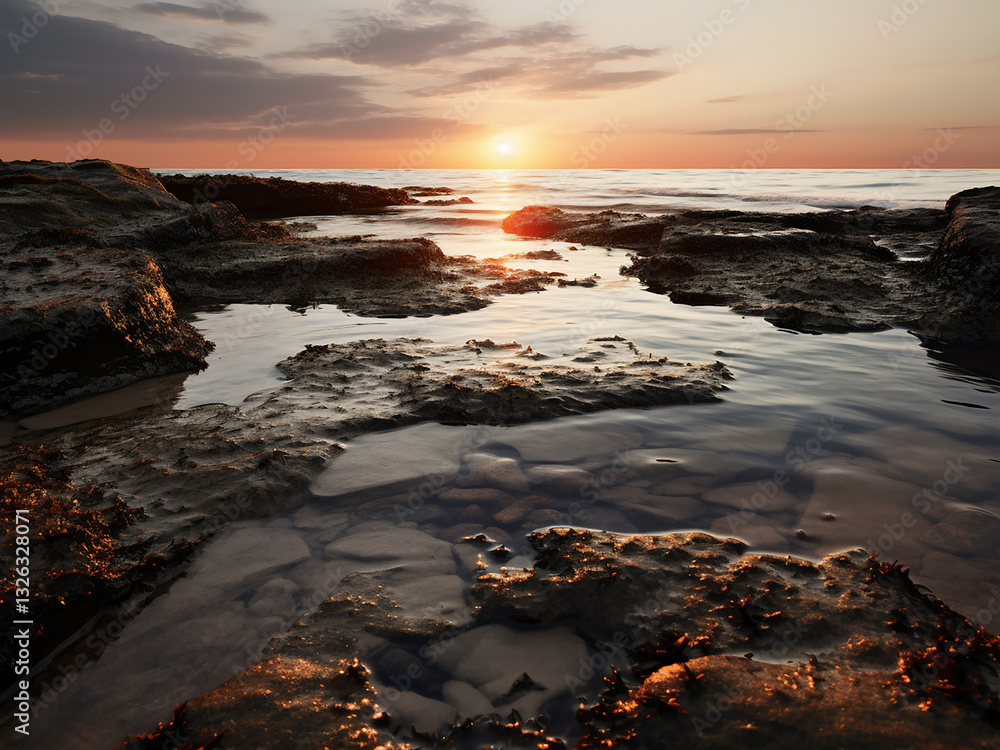 Fototapeta premium Coastal dawn tide pulling back to reveal rock pools reflecting the horizon as it warms