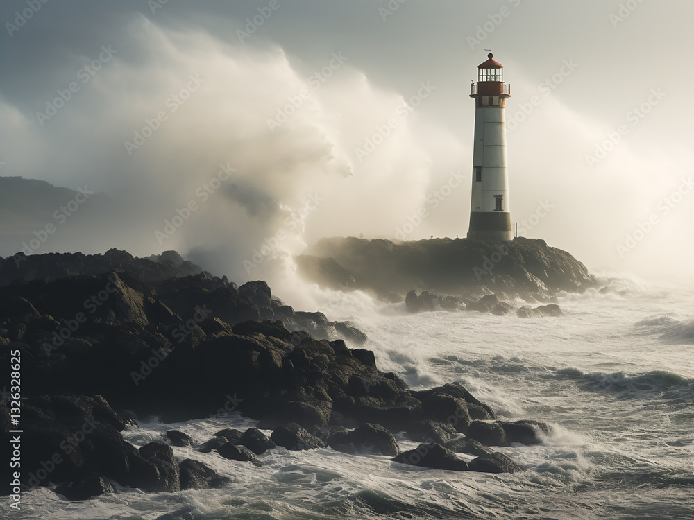 Coastal fog rolling waves concealing a lighthouse beam revealing mystery ahead Coastal fog rolling waves concealing a lighthouse beam revealing mystery ahead
