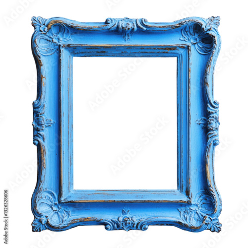 vintage blue picture frame with ornate details, perfect for showcasing art or photos, isolated on transparent background