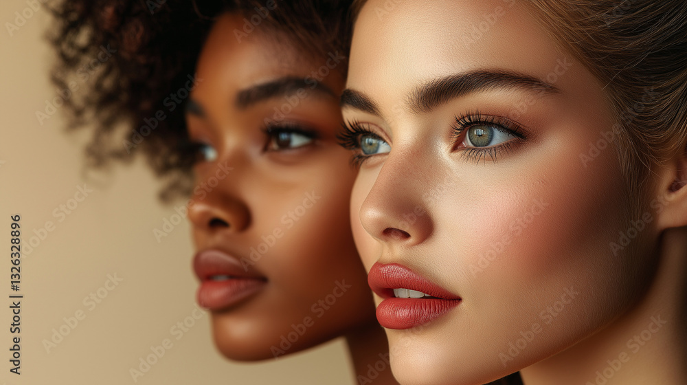 Two multi-ethnic women stand side by side, their unique skin types and captivating features highlighted in soft lighting. Both exude confidence and beauty, emphasizing diversity Two multi-ethnic women stand side by side, their unique skin types and captivating features highlighted in soft lighting. Both exude confidence and beauty, emphasizing diversity