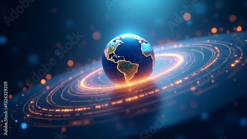Image of rays around illuminated rotating globe in circles, numbers over abstract background. Digitally generated, hologram, illustration, blue, globalization, growth and technology concept.