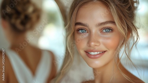 Free Download A young woman with radiant blue eyes and a bright smile gazes directly at the viewer - GFXLoad