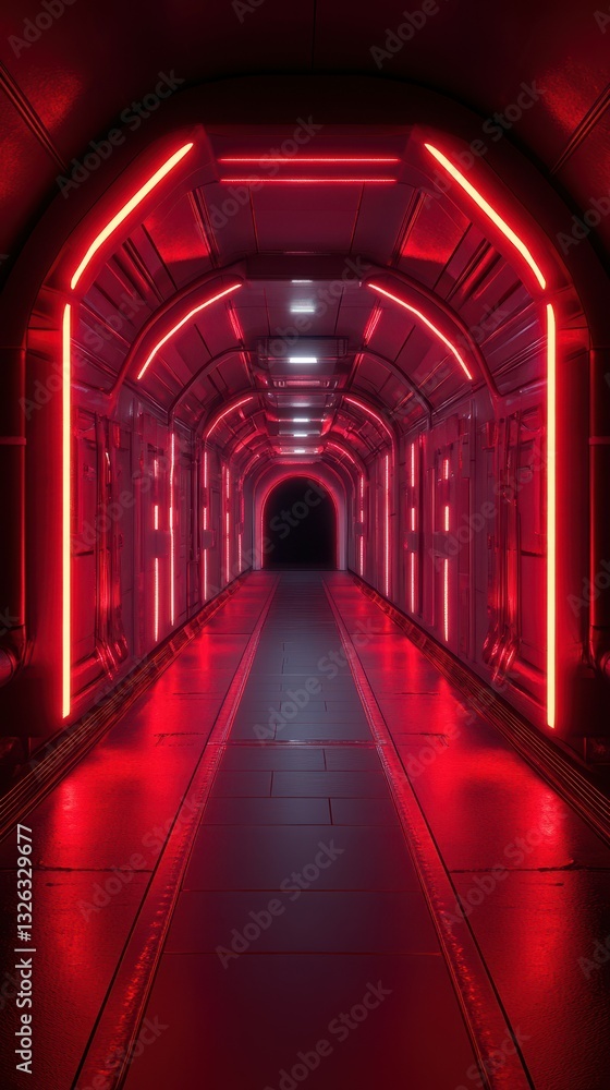 Illuminated corridor with red neon lights in a futuristic setting at night Illuminated corridor with red neon lights in a futuristic setting at night