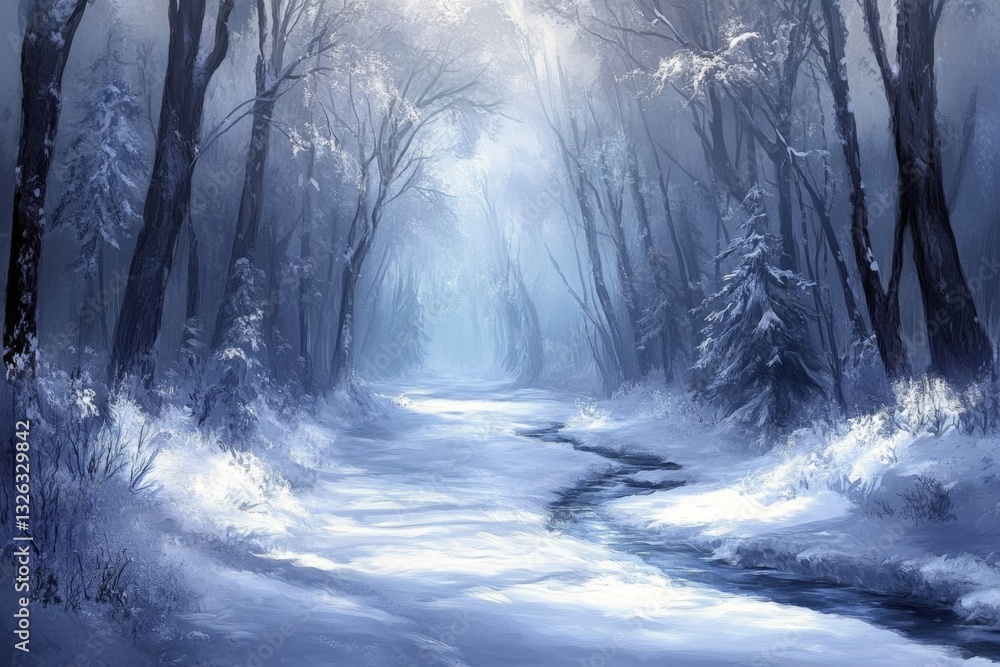 Snowy forest path illuminated by soft winter light in a tranquil setting Snowy forest path illuminated by soft winter light in a tranquil setting