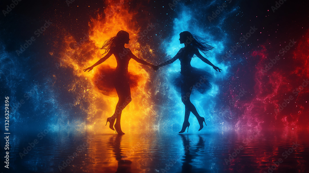 Naklejka premium A stylish couple moves gracefully in sync, holding hands amidst a captivating background of vibrant blue and orange hues. Their elegant attire enhances the lively atmosphere