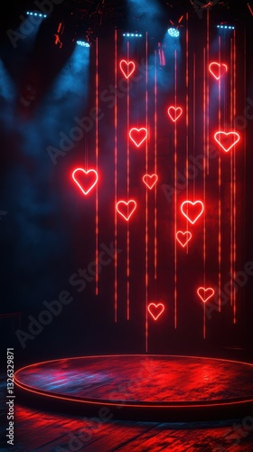Romantic neon hearts create an enchanting atmosphere on stage during a vibrant nighttime event