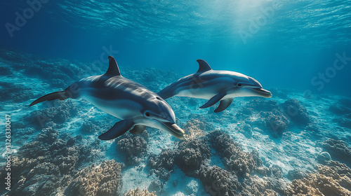 Wallpaper Mural Two dolphins glide gracefully through crystal-clear waters, showcasing their playful nature amid vibrant coral reefs during a sunny summer day Torontodigital.ca