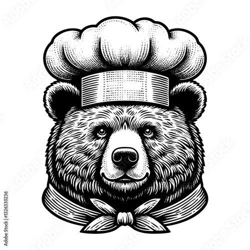 Bear wear chef hat sketch engraving black and white outline. Scratch board imitation.