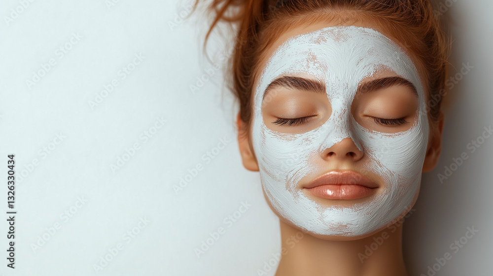 Fototapeta premium A young woman with her eyes closed applies a facial mask, showcasing a peaceful expression as she indulges in self-care at home during the afternoon
