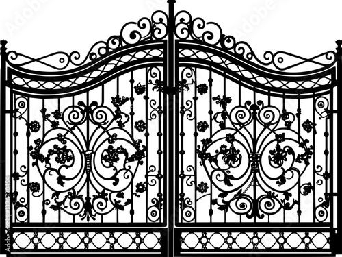 SVG vector features ornate wrought iron gates with gate pillar combinations. Ornate Decorative Wrought Iron Gate with Floral Patterns