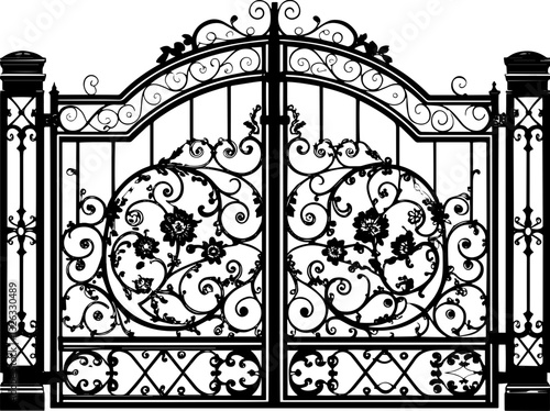 SVG vector features ornate wrought iron gates with gate pillar combinations. Elegant Decorative Iron Gate with Intricate Floral Design