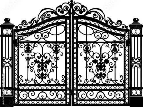 SVG vector features ornate wrought iron gates with gate pillar combinations. Elegant Decorative Iron Gate Design with Intricate Patterns