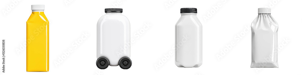 A collection of bottles, including a yellow juice bottle and various white milk containers with different shapes and sizes. A collection of bottles, including a yellow juice bottle and various white milk containers with different shapes and sizes.
