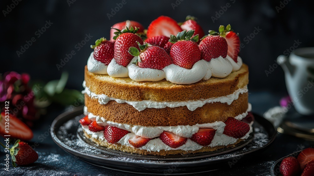 A beautiful layered vanilla sponge cake with whipped cream and fresh strawberries, showcasing the airy, juicy texture of the cake, perfect for a summer dessert shot. A beautiful layered vanilla sponge cake with whipped cream and fresh strawberries, showcasing the airy, juicy texture of the cake, perfect for a summer dessert shot.