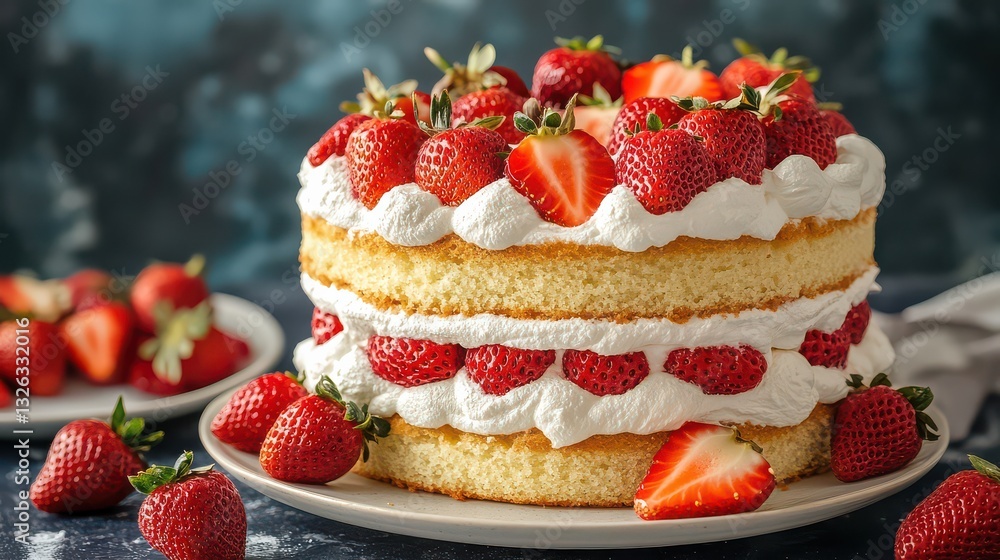A beautiful layered vanilla sponge cake with whipped cream and fresh strawberries, showcasing the airy, juicy texture of the cake, perfect for a summer dessert shot. A beautiful layered vanilla sponge cake with whipped cream and fresh strawberries, showcasing the airy, juicy texture of the cake, perfect for a summer dessert shot.