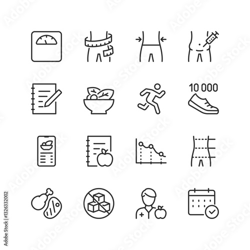 Weight Loss and Fitness, linear style icons set. Healthy lifestyle, diet plan, calorie tracking, and body measurement. Scales, meal tracking, fitness activities, and nutrition. Editable stroke width