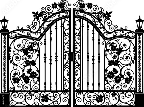 SVG vector features specialized gate designs, including wrought iron gates and gate pillar combinations.Elegant Ornate Iron Gate with Floral Design and Lanterns