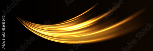 Abstract gold, light lines. Glow effect. Semicircular wave, swirl of light trace curve. Light speed effect.