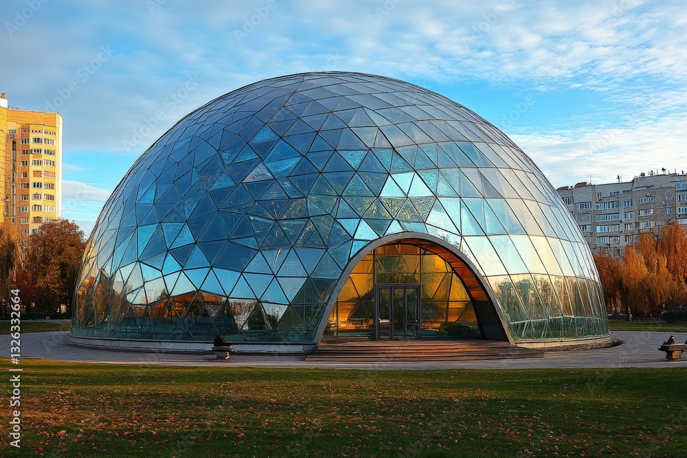 Fototapeta premium Modern glass dome structure situated in a city park during a clear evening with clouds