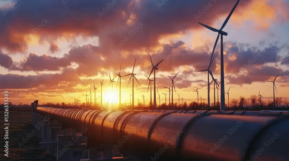 Obraz premium Wind Turbines and Pipeline Scenic Sunset Landscape Photography
