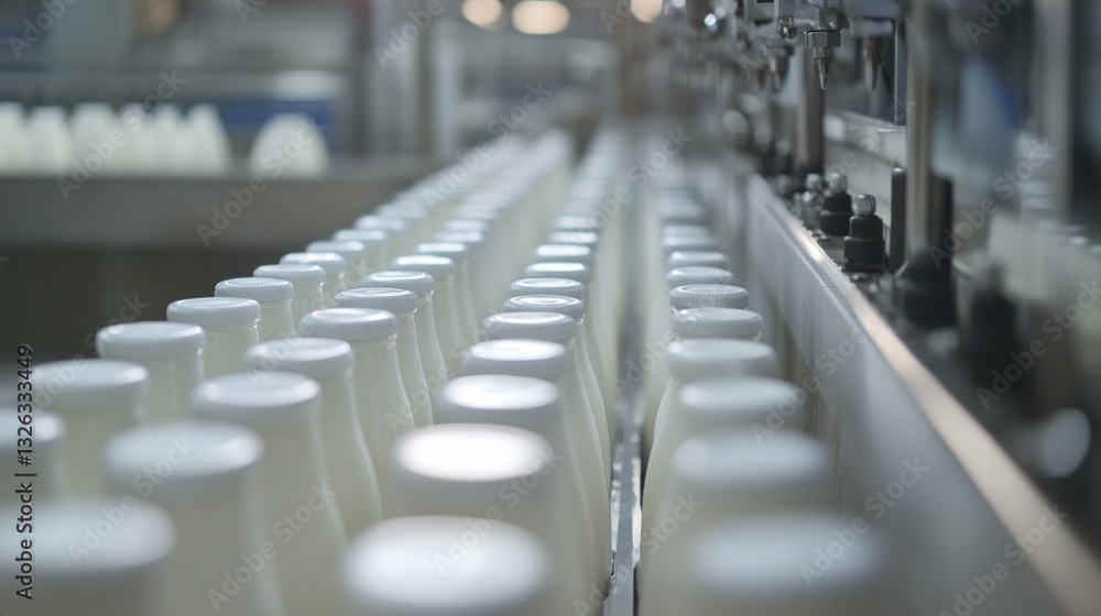 Fototapeta premium A line of milk bottles are being made in a factory