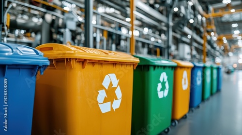 Colorful recycling bins lined up in an industrial setting for waste management.