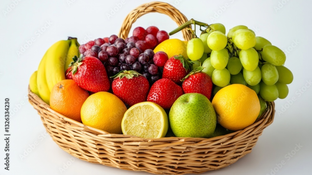 A basket of fruit including apples, oranges, bananas, and grapes A basket of fruit including apples, oranges, bananas, and grapes