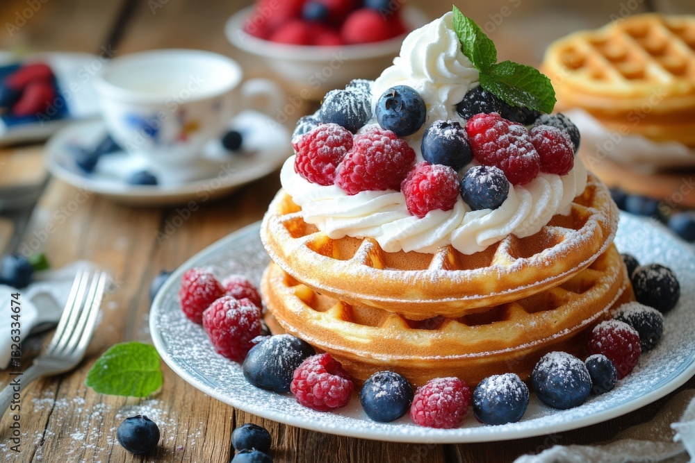 Delicious stack of waffles topped with fresh berries and cream served on a rustic wooden table Delicious stack of waffles topped with fresh berries and cream served on a rustic wooden table