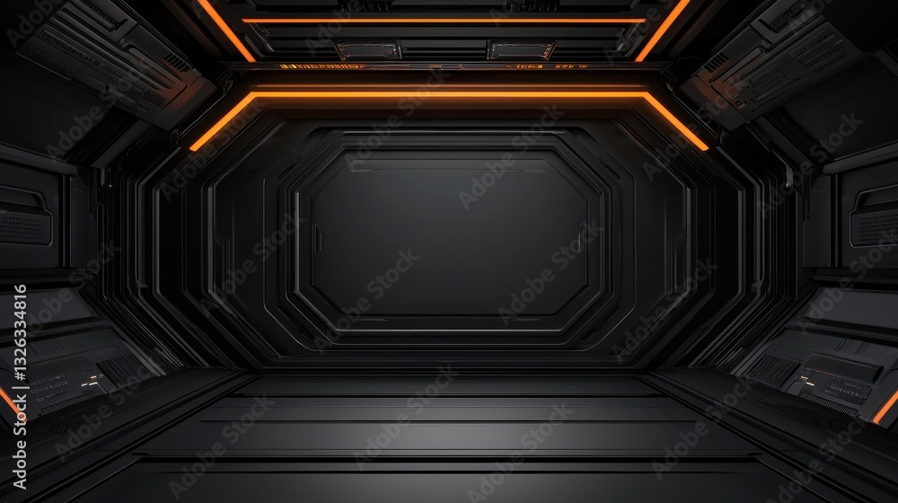 Fototapeta premium Futuristic Sci-Fi Room with Dark Walls and Orange Neon Lights