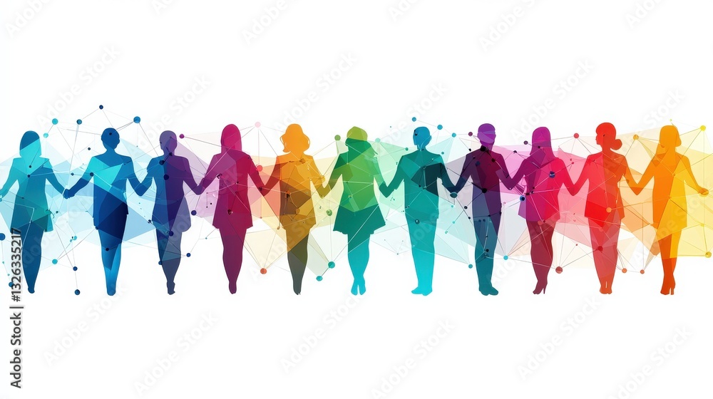 A line of connected people silhouettes forming a chain of diversity A line of connected people silhouettes forming a chain of diversity