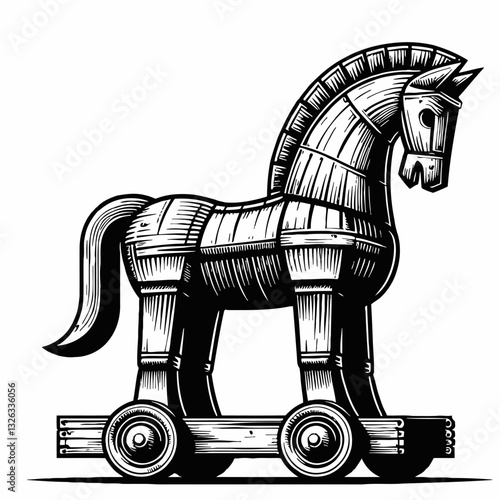 Trojan Horse Standing Tall on Wheels in Detailed Style Image