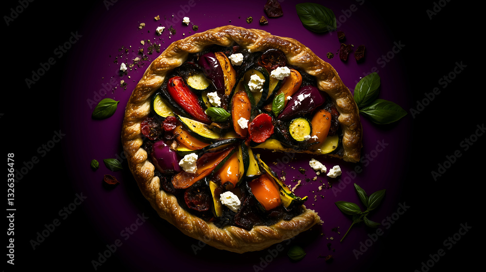 Fototapeta premium Homemade traditional salty pie with vegetable filling on black background