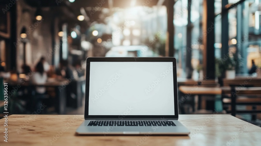 A laptop is sitting on a table in a restaurant A laptop is sitting on a table in a restaurant