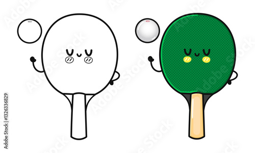 Smiling Table Tennis Rackets. Cute Ping Pong Paddles in Color and Outline